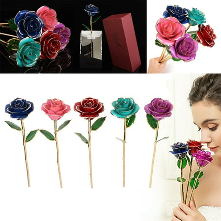 Blue Glass Flower 24k Gold Dpped Trim Long Stem Rose Flower Decro Glass Valentine Mother's Day Gift Immortalized Flower ()