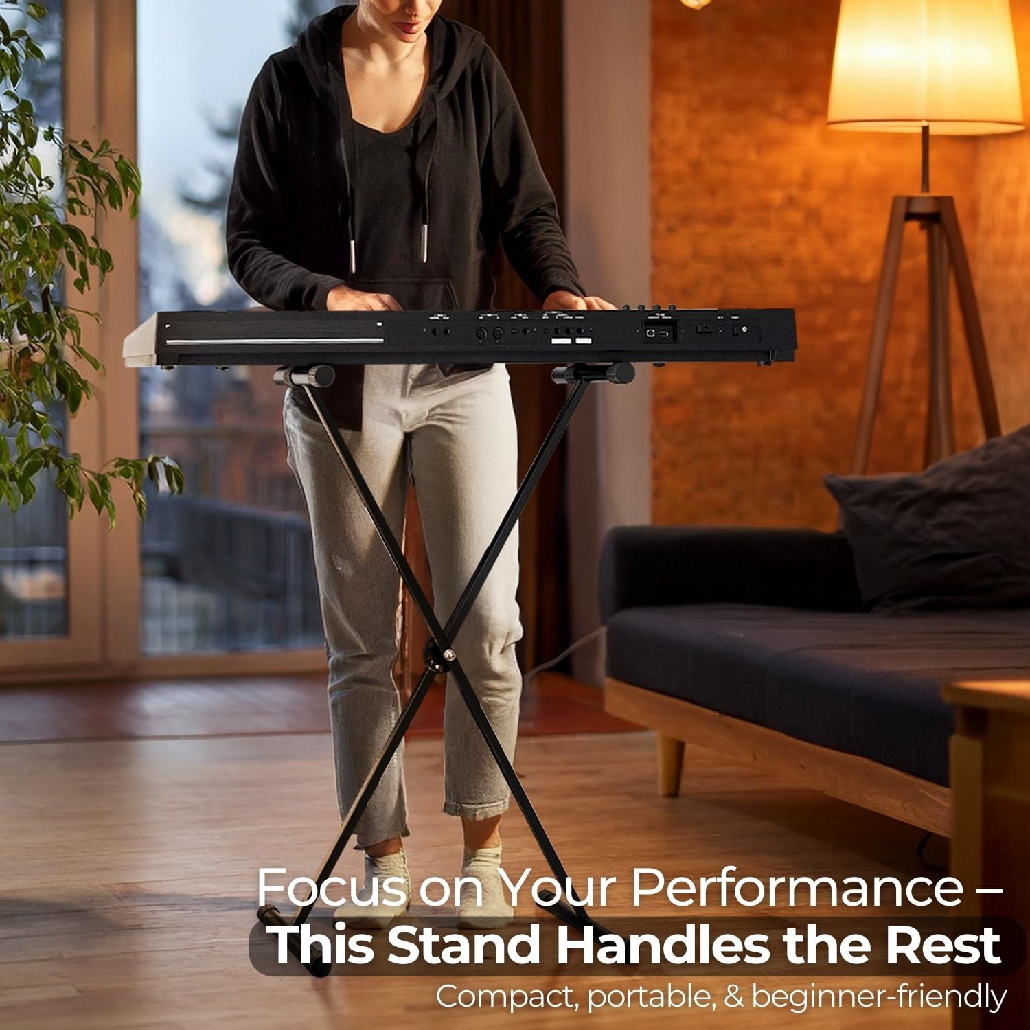 Digital Piano Keyboard Stand Musician Electric Organ Piano Stand Single Tube X Stand Type, 7 Position Folding Adjustable Height Keyboard Stands Metal Braced Rack Portable with Locking Straps