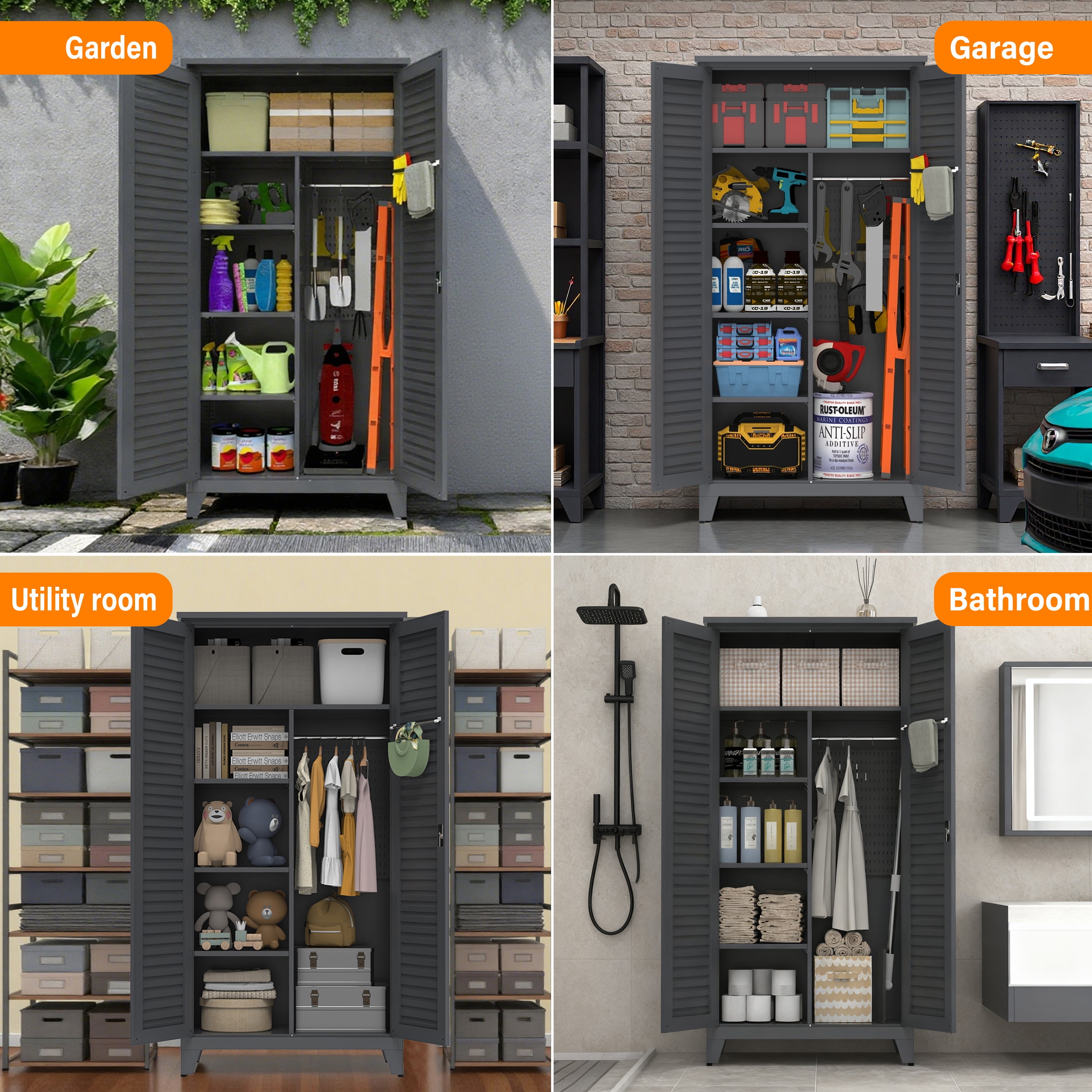 Tool Storage Cabinet 73 Inch, Tall Metal Garage Cabinet with Shelves and Pegboard, Workshop Organizer for Warehouse and Garden, Slate