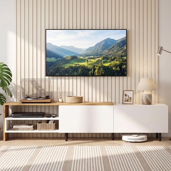 Modern White Tv Stand for Tvs up to 80 Inches with 2 Storage Cabinets and Open Shelves Media Console