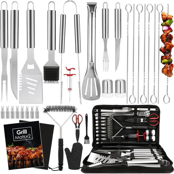 BBQ Grilling Accessories Set, 34Pcs Heavy Duty Grill Tools for Outdoor Camping, Grilling Gifts for Men Dad, Stainless Steel Barbecue Utensils Kit with Mats and Glove in Carrying Bag, Silver
