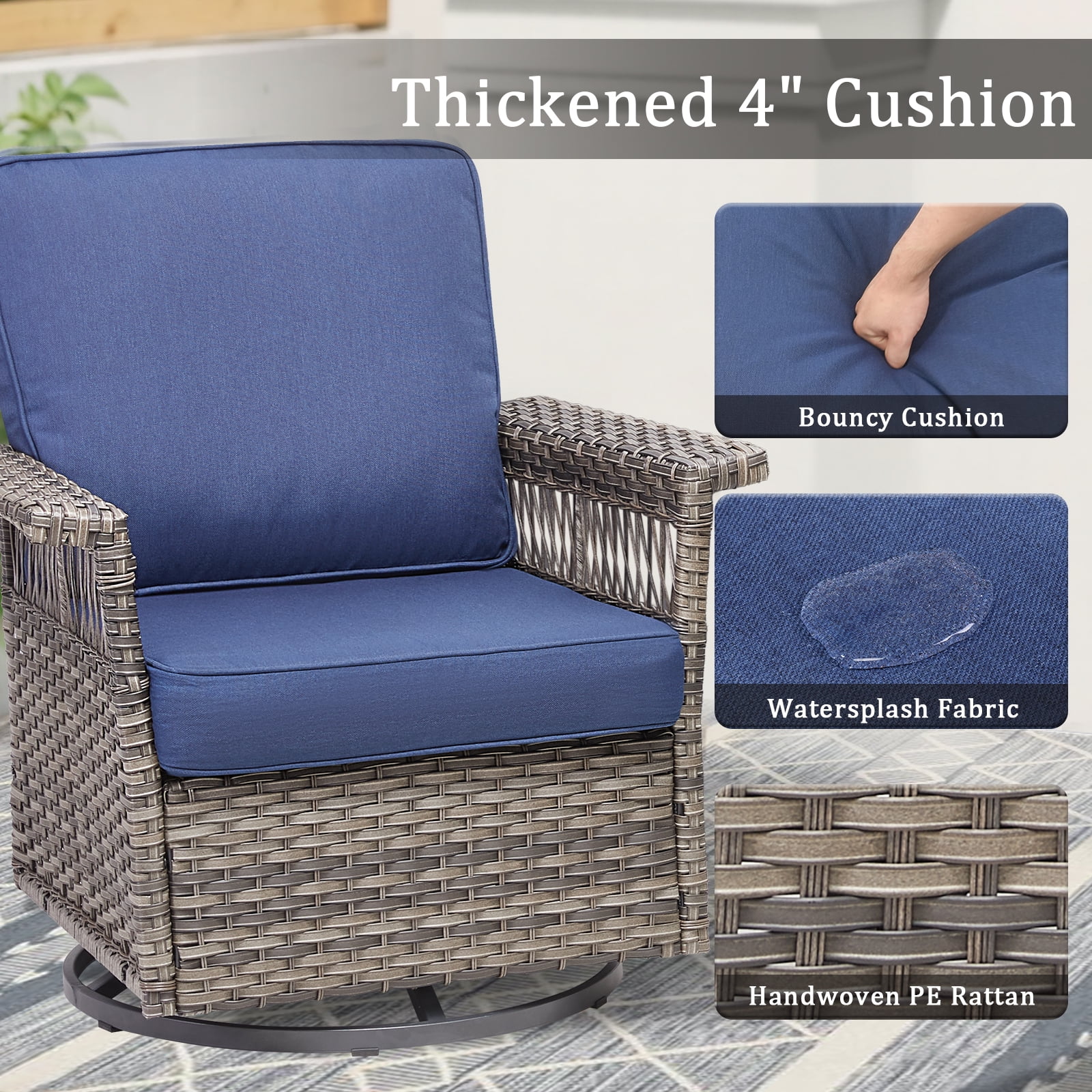 Lumiinofami 6 Piece Patio Sectional Set, Outdoor Conversation Furniture Set with Rocking Swivel Chairs and Side Table, All-Weather Wicker Padded Sofa Sets for Deck Poolside Backyard, Blue Cushions