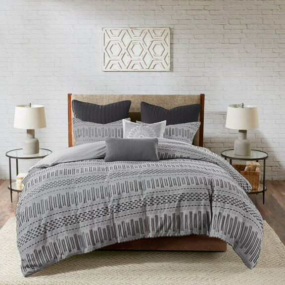 Cotton Jacquard Comforter Mini Set Grey/Black Full/Queen