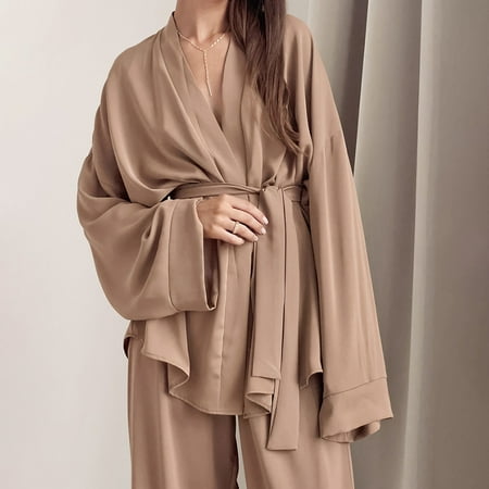 

Pajamas for women Autumn Fashion Chiffon Long Sleeve Nightgown Loose Pants Two-piece French Solid Color Ladies Home Wear Khaki L