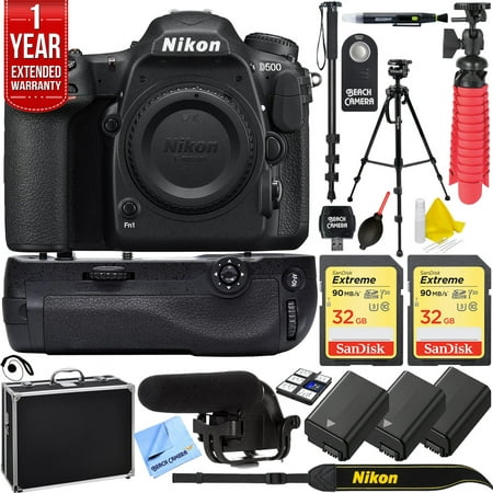 Nikon D500 20.9 MP CMOS DX Format Digital SLR Camera with 4K Video Body Bundle with 2x 32GB Memory Card, 2x Battery, Battery Grip, Microphone, 1 Year Extended Warranty and Accessories (13 Items)