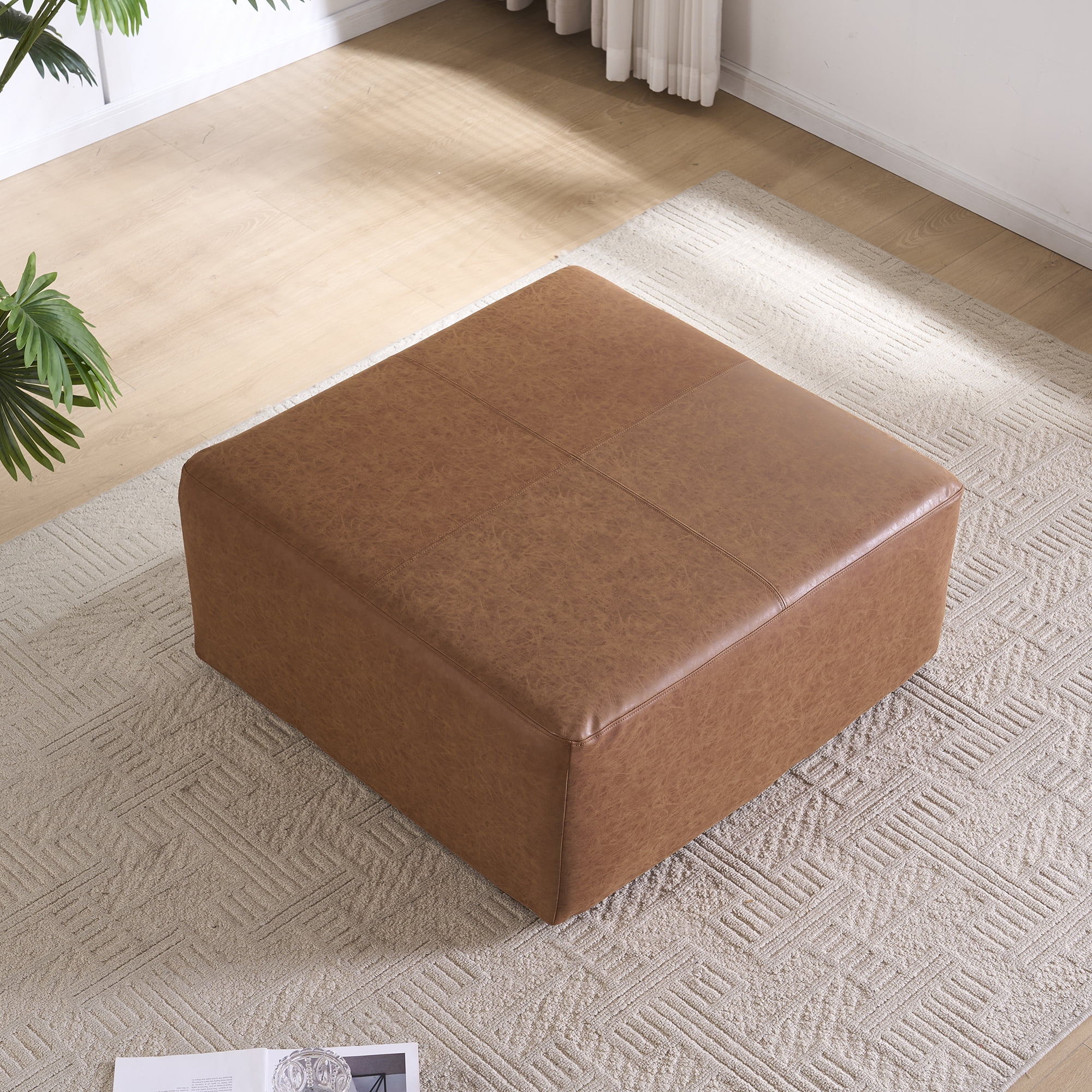 35" Wide Oversized Square Ottoman Coffee Table, Faux Leather Couch Ottoman Large Footstool for Living Room (Brown, Square)