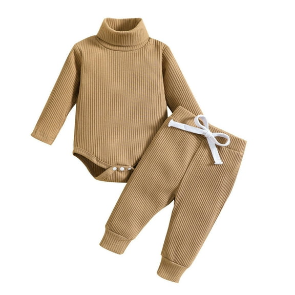 Zwiiyzr 0-2T Winter Newborn Baby Boy Girl Clothes Set Ribbed Outfits Unisex Infant Solid Color Long Sleeve Turtleneck Tops Romper Pants Fall Casual Pants Set 2Pcs Khaki