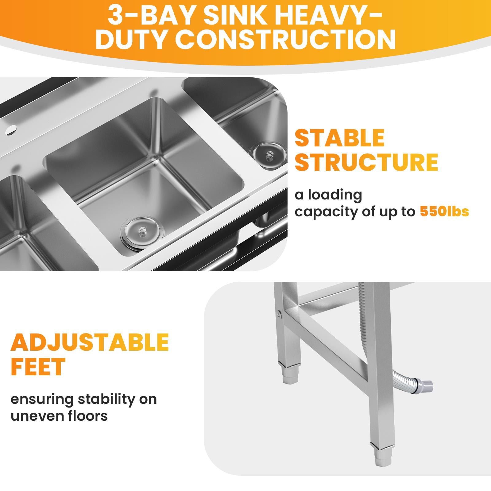 Zhuotong51" 3-Compartment Commercial Sink, Heavy-Duty Stainless Steel Free Standing Sink with Backsplash, Utility Sink for Restaurant, Kitchen & Garage