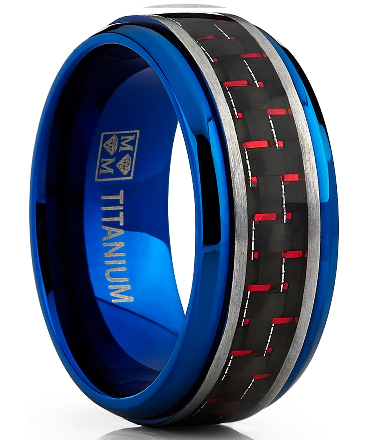 Men's Brushed Blue Titanium Wedding Bands Ring With Black and Red ...