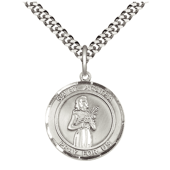 Pewter Saint Agatha Medal Pendant on 24 Inch Endless Rhodium Plated Heavy Curb Brass Chain, Catholic Religious Necklace -Made in USA- Deluxe Velvet Gift Box