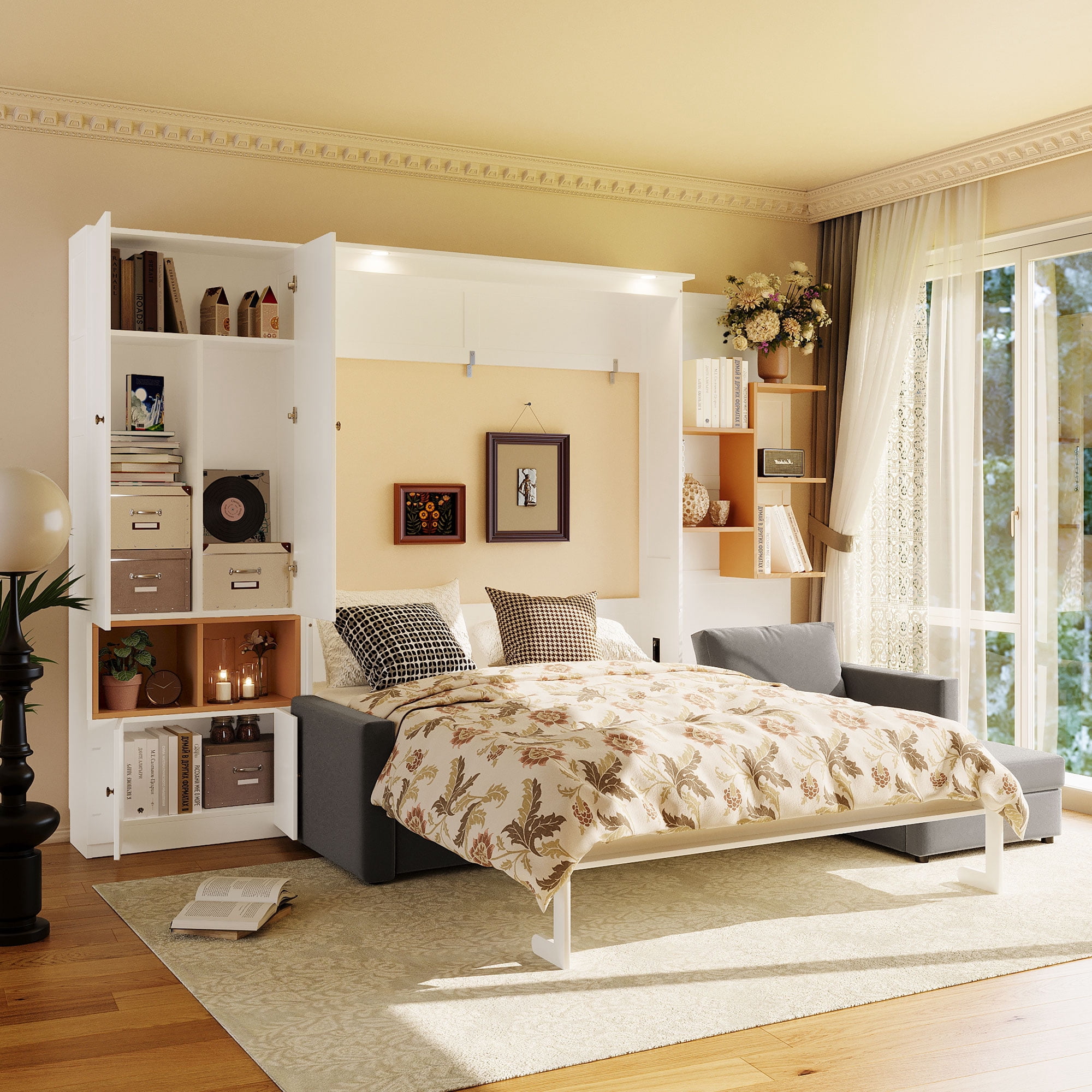 Mintazer Queen Size Murphy Bed with L-Shaped Sofa & Storage, Modern Folding Wall Bed with Lights & Cabinets for Home Office, White & Gray