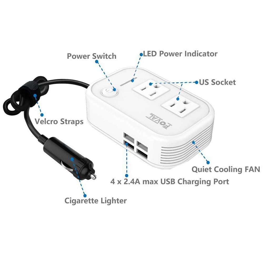 FOVAL 200W Car Power Inverter DC 12V to 110V AC Converter with 4 USB Ports Car Laptop Charger, Car Adapter for Plug Outlet (White)