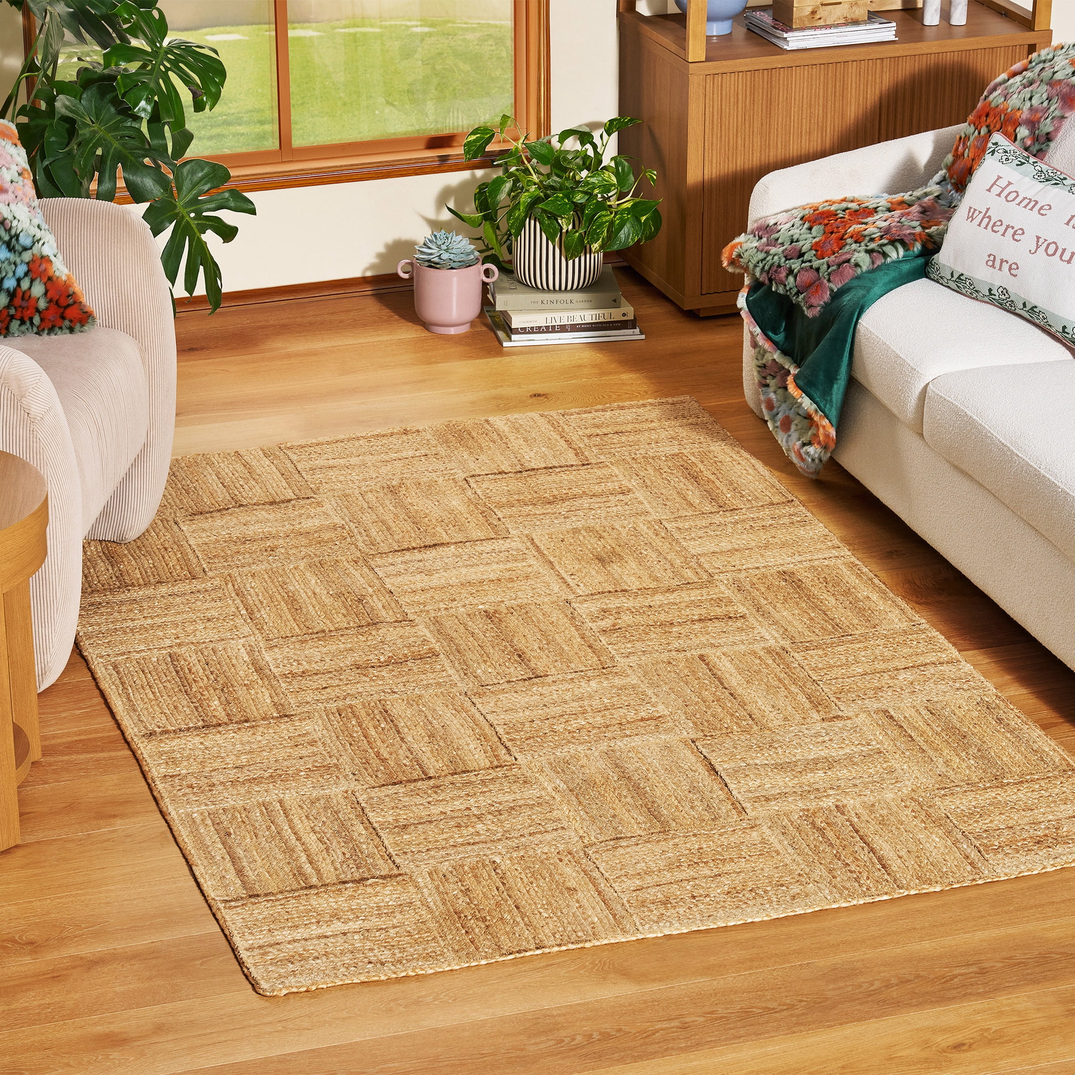 Beautiful Natural Jute Square Check Indoor Area Rug by Drew Barrymore, 5' x 7'
