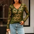 thumbnail image 2 of LEBONYARD Women's Trendy V-Neck Solid Colored Chic Lace Hollow-out Long Sleeve See-Through Slim Regular Base Layer Pullover Fashion Button Tops, 2 of 7