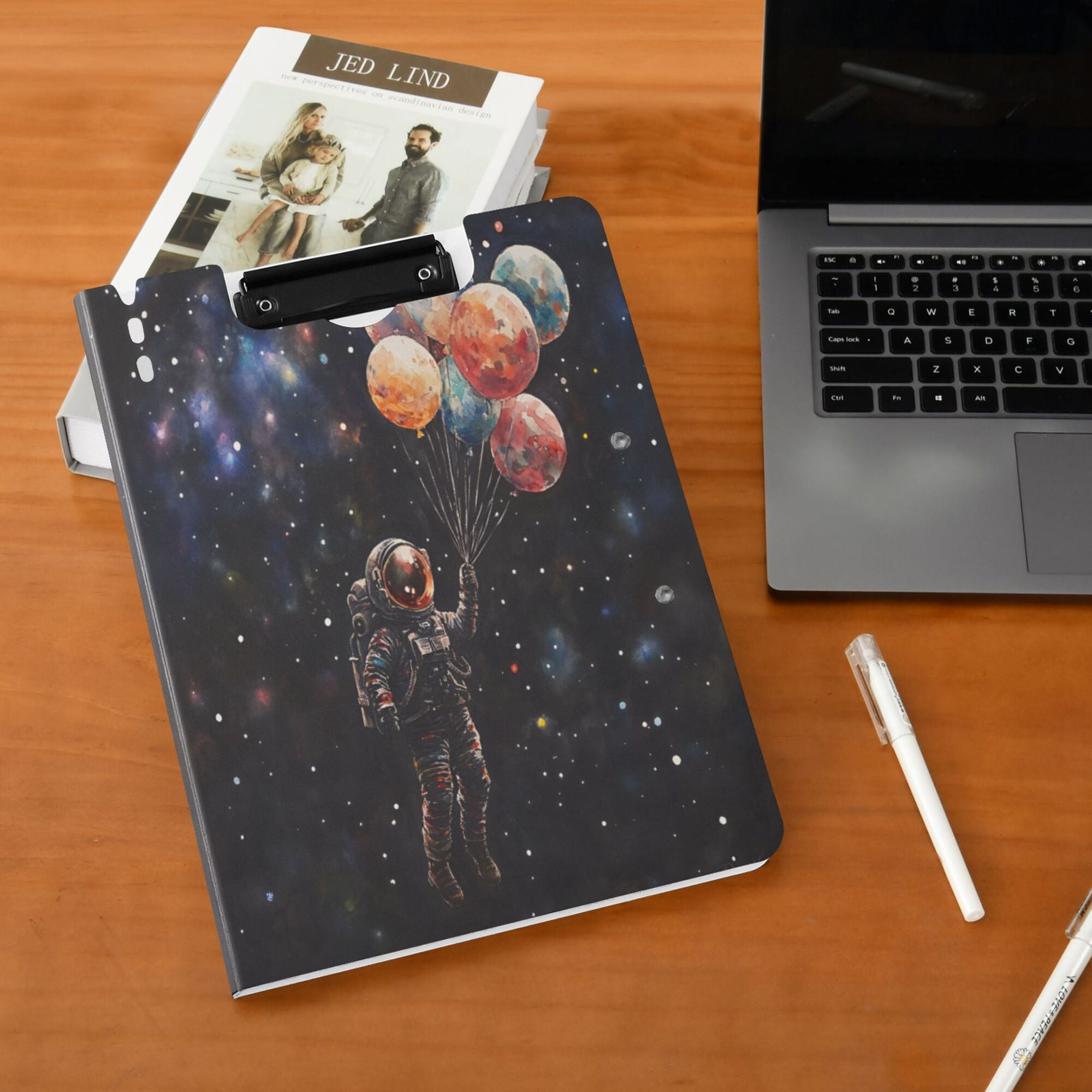 FORMRS A4 Clipboard Folder with Pen Holder Horizontal Foldable School Office Binder, Black Watercolor Space