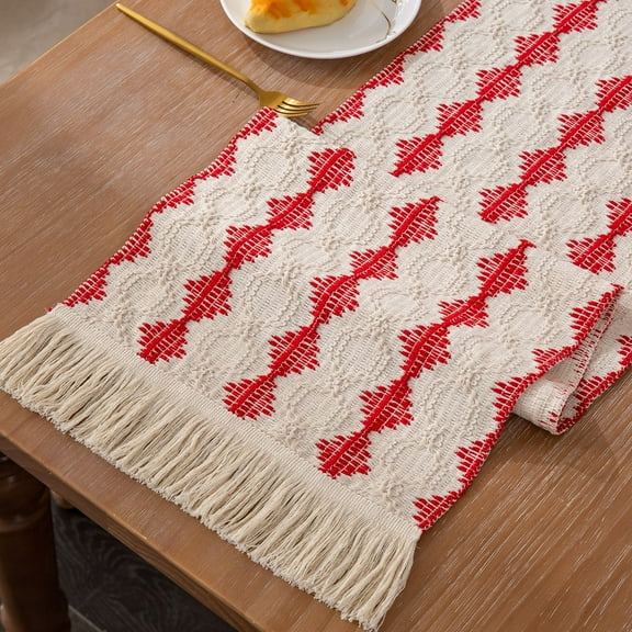 Nvzi Farmhouse Dining Table Runner Rustic Boho Table Runner for Coffee Table 70" Long Macrame Woven Table Runner for Christmas Fall Kitchen Decor, 13x70 Inches（Red，White）