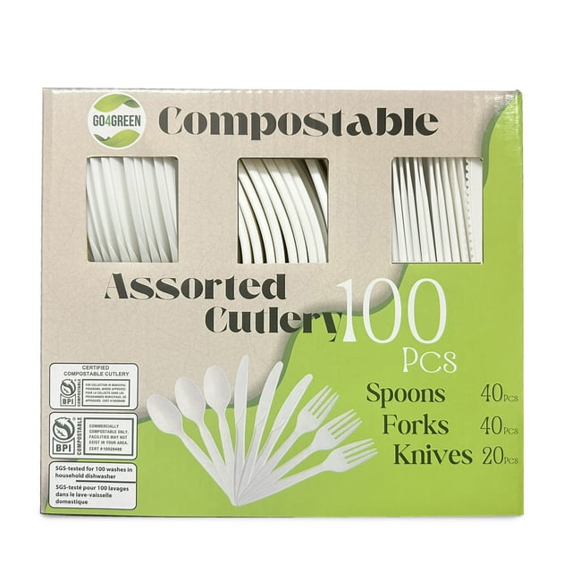 Go4Green compostable assorted cutlery set of 100 white pieces including 40 spoons, 40 forks, and 20 knives in eco-friendly packaging