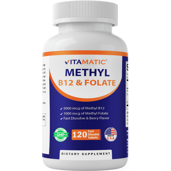 Vitamatic Methyl Folate & B12 Supplement with Pyridoxal 5 Phosphate (P-5-P) - Promotes Cardiovascular Health & Energy Metabolism - 120 Fast Dissolve Tablets - Non GMO & Gluten Free