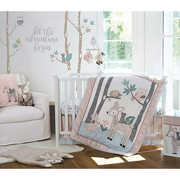 Levtex Baby - Ensemble de Lit de Bébé Everly - Ensemble de Chambre de Bébé - Aqua Blush Gris Sarcelle - Woodland Deer and Friends - Ensemble de 5 Pcs Comprend Couette, Drap-Housse, Empileur de Couches, Autocollant Mural et Jupe de Lit/fleur de Poussière