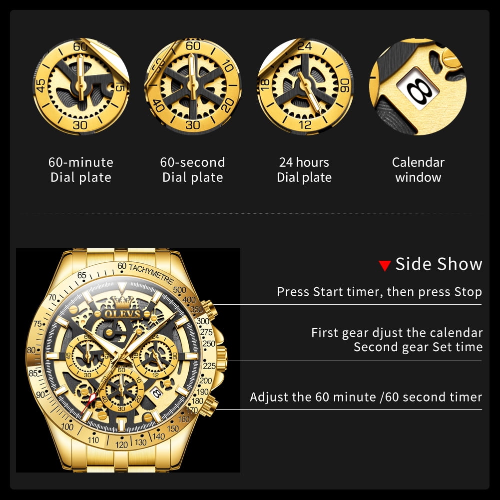 OLEVS Watches for Men Waterproof Luxury Dress Analog Quartz Chronograph Fashion Gold Plated Stainless Steel Luminous Date Classic Mens Wrist Watches Reloj Para Hombre Gold/White/Black Dial