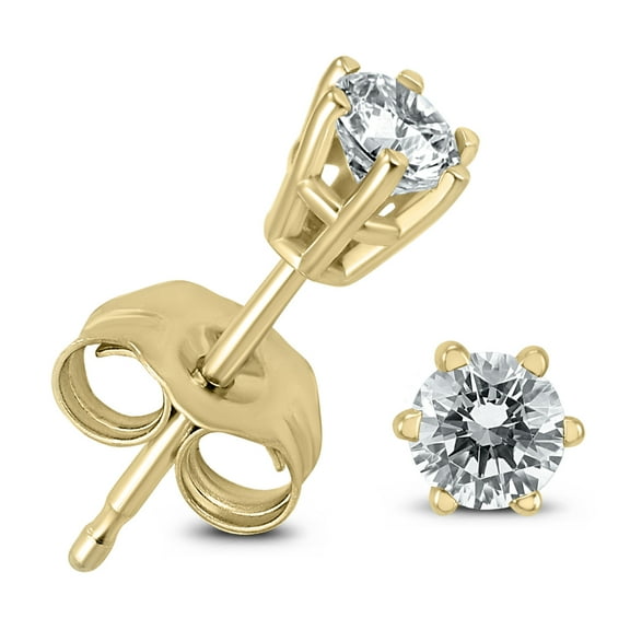 SZUL Women's AGS Certified 1/4 Carat TW 6 Prong Round Diamond Solitaire Stud Earrings In 14k Yellow Gold