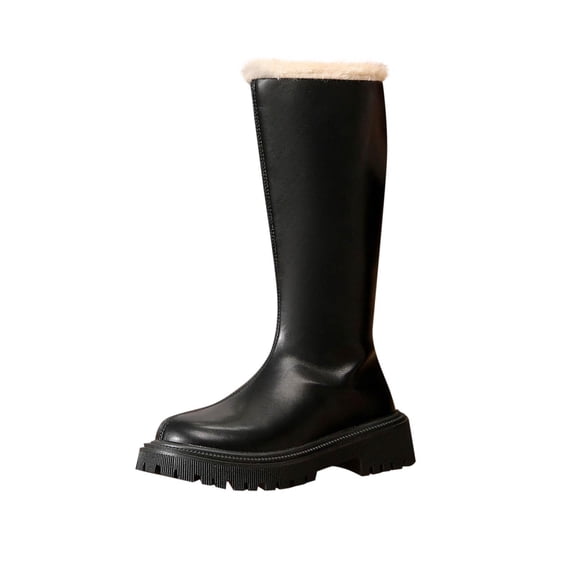 Women's Knee High Knight Boots Faux furry Lined Round Toe Back Zipper Platform Chunky Heel Plus Size Boots