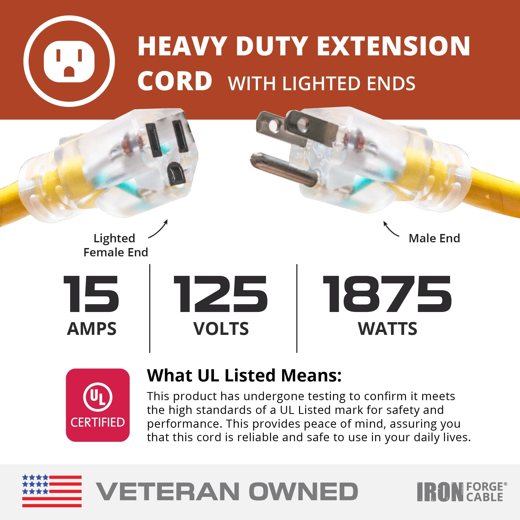 IRON FORGE CABLE 6 Foot Lighted Outdoor Extension Cord - 12/3 SJTW Heavy Duty Yellow Extension Cable with 3 Prong Grounded Plug for Safety, 15 AMP - Great for Garden and Major Appliances