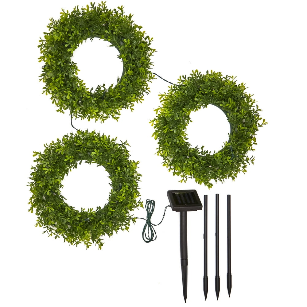 Outdoor Solar Lighted Faux Wreath Trio with Garden Power Stake Unit