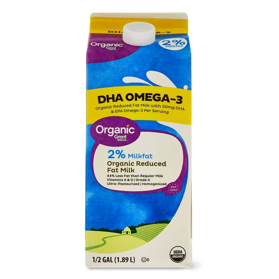 Great Value Organic Reduced Fat 2% Milk with DHA Omega-3, Half Gallon