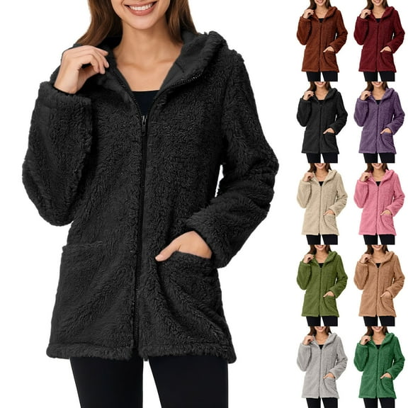 Aboser Women's Fuzzy Plush Jackets Winter Zip Up Fleece Jacket Comfy Fluffy Long Sleeve Coats Thermal Casual Hooded Coat Outerwear with Pockets
