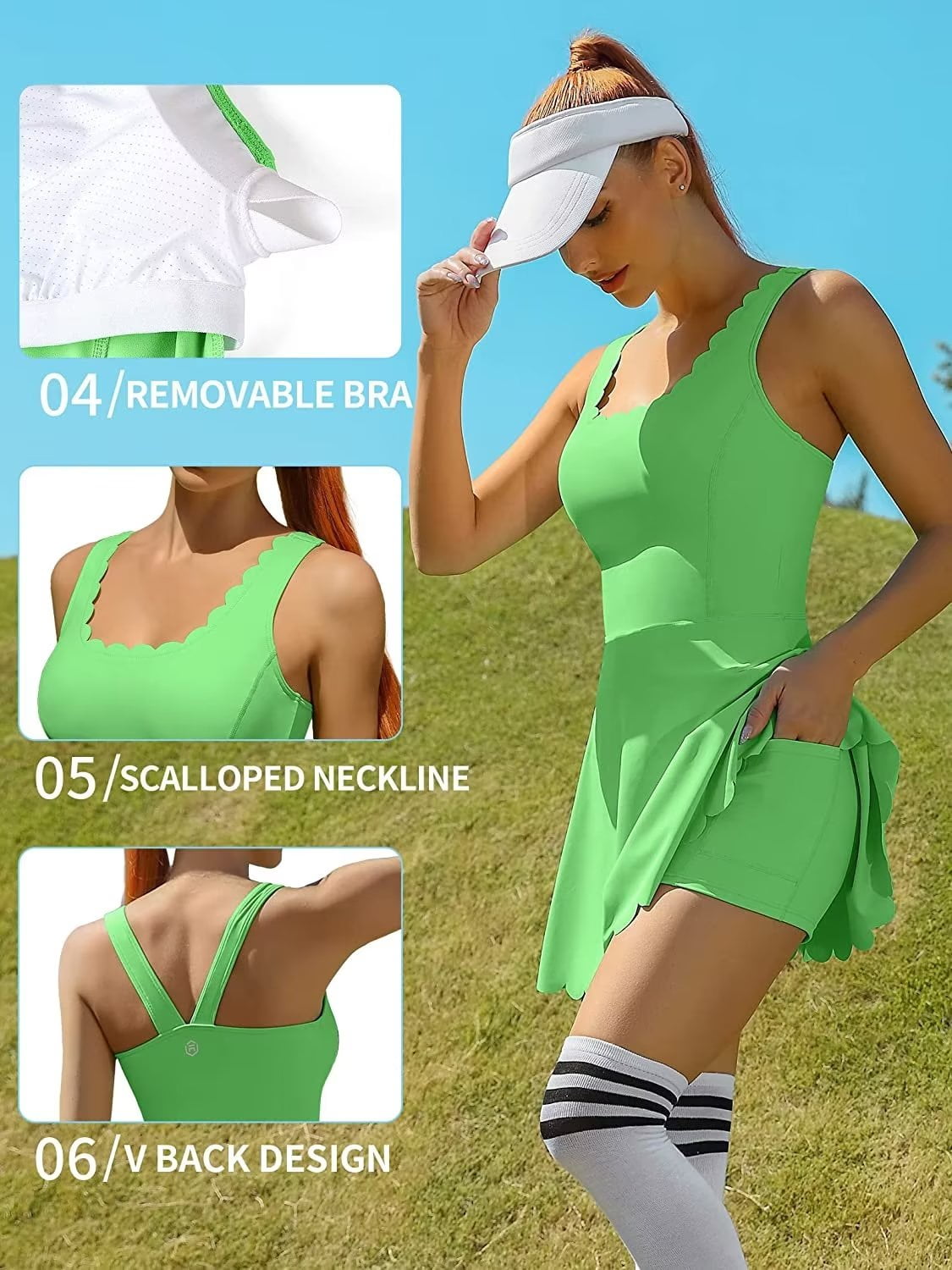 Charmo Womens Scallped Trim Tennise Dress Workout Athletic Golf Dresses with Shorts and Pockets