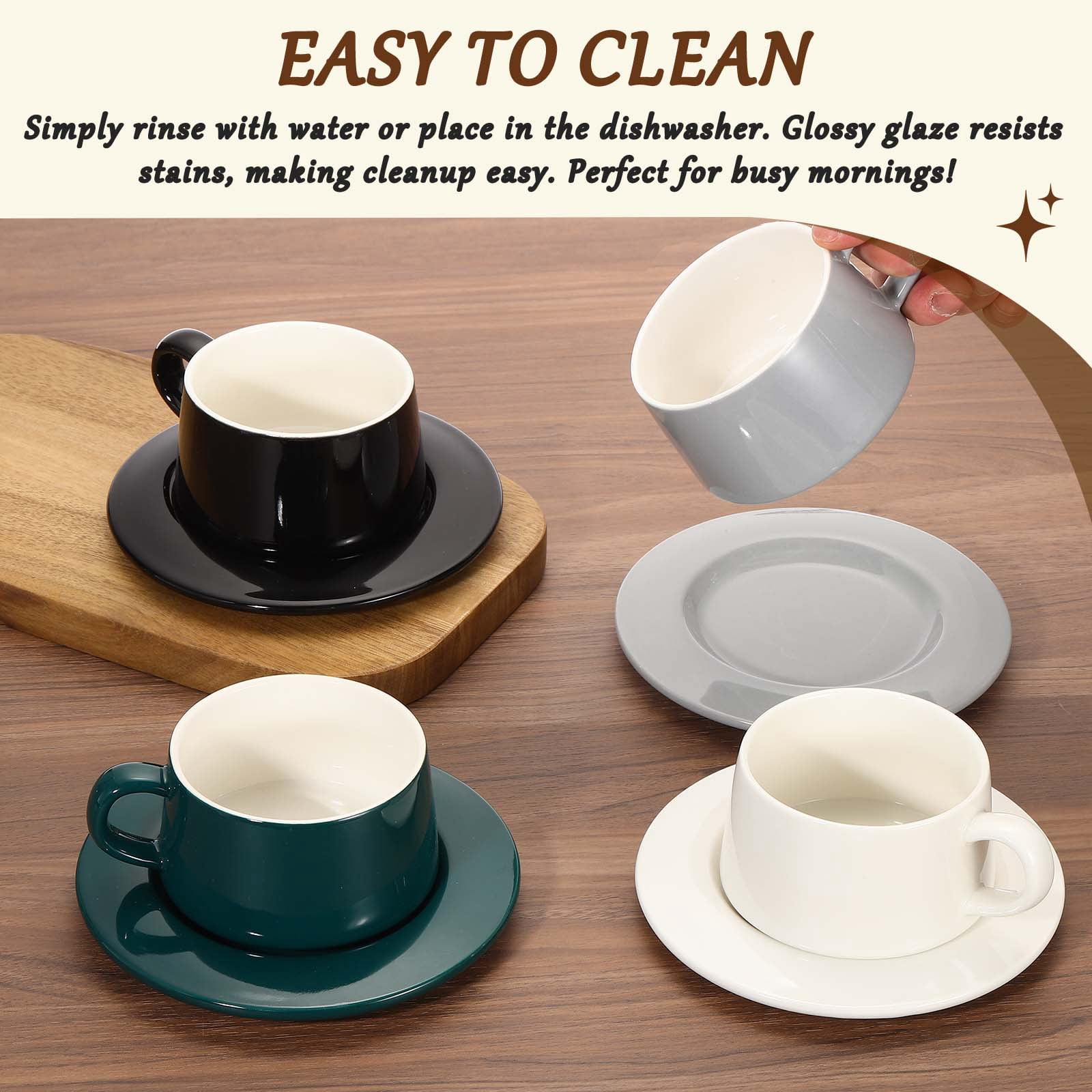 Uxcell 10oz Ceramic Coffee Mugs with Saucer Set, Creative Cute Cup with Handle Unique Irregular Design for Coffee Lovers Gift Tea Espresso Latte Kitchen Cafe Party, Dishwasher Black