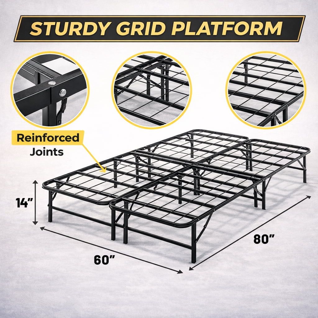 Continental Sleep, 14-Inch Foldable Metal Platform Bed Frame with Tool Free Setup, Sturdy Steel, No Box Spring Needed, Queen, Black