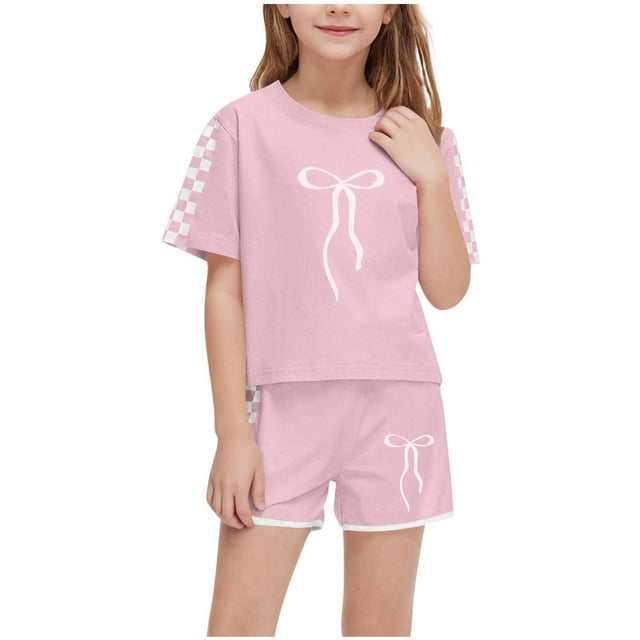 Économies d'Été! Ensemble Décontracté 2 Pcs à Manches Courtes pour Filles HVOBTTY, Mode Garçon et Fille, Ensemble Décontracté à Manches Courtes, Col Rond, Boutons, Pantalons Courts Imprimés, Rose, 5 Ans
