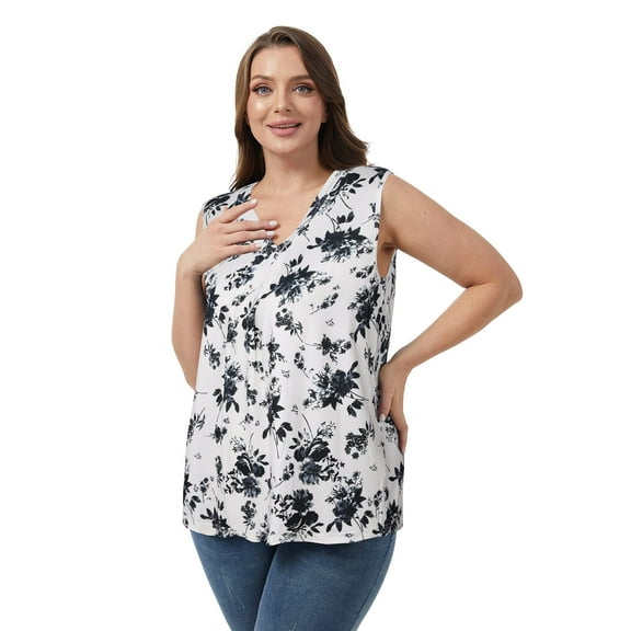 Baywell Women's Plus Size V-neck Sleeveless Blouses Pleated Tank Tops Casual Solid /Floral Printed Summer Sleeveless Shirts XL-5XL