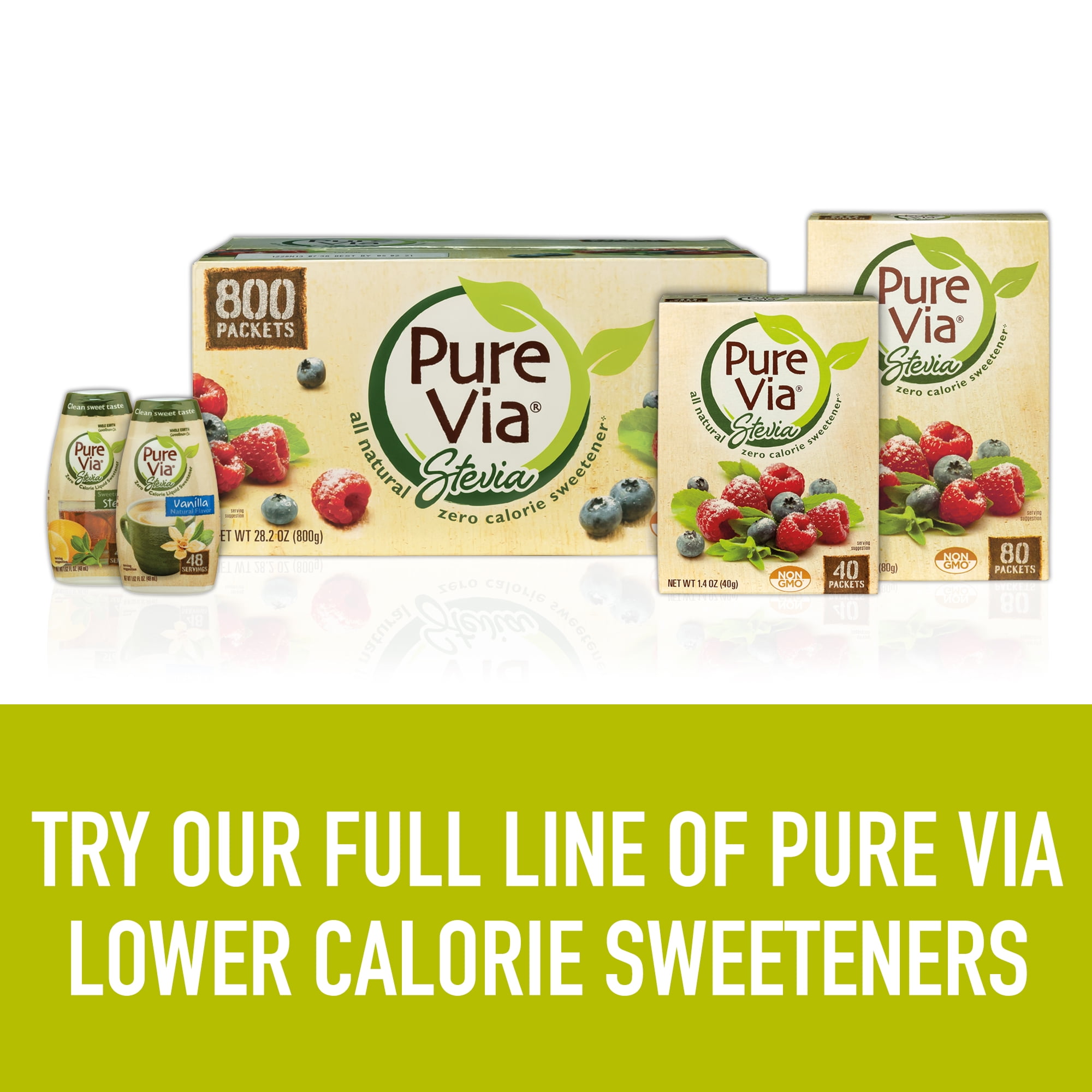 PURE VIA Stevia Sweetener Packets, Sugar Substitute, Natural Sweetener,  Zero Calorie Natural Sweetener Packets, 80-Count (Pack of 12) 