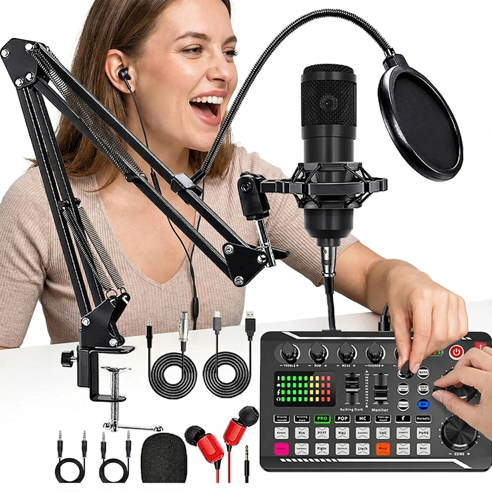 golytefs Podcast Microphone Suit W/sound Card Audio Mixer Condenser Mic Dj Mixer (Black)