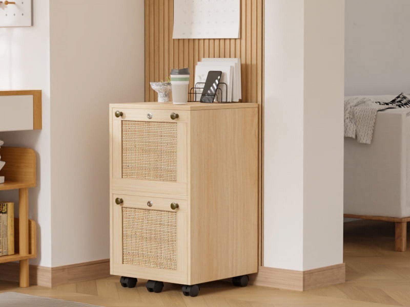 Ktaxon Rattan Wood File Cabinet with 2 Drawers,  Portable Vertical Mobile Wooden Storage Filing Cabinet, for Home Office, Natural