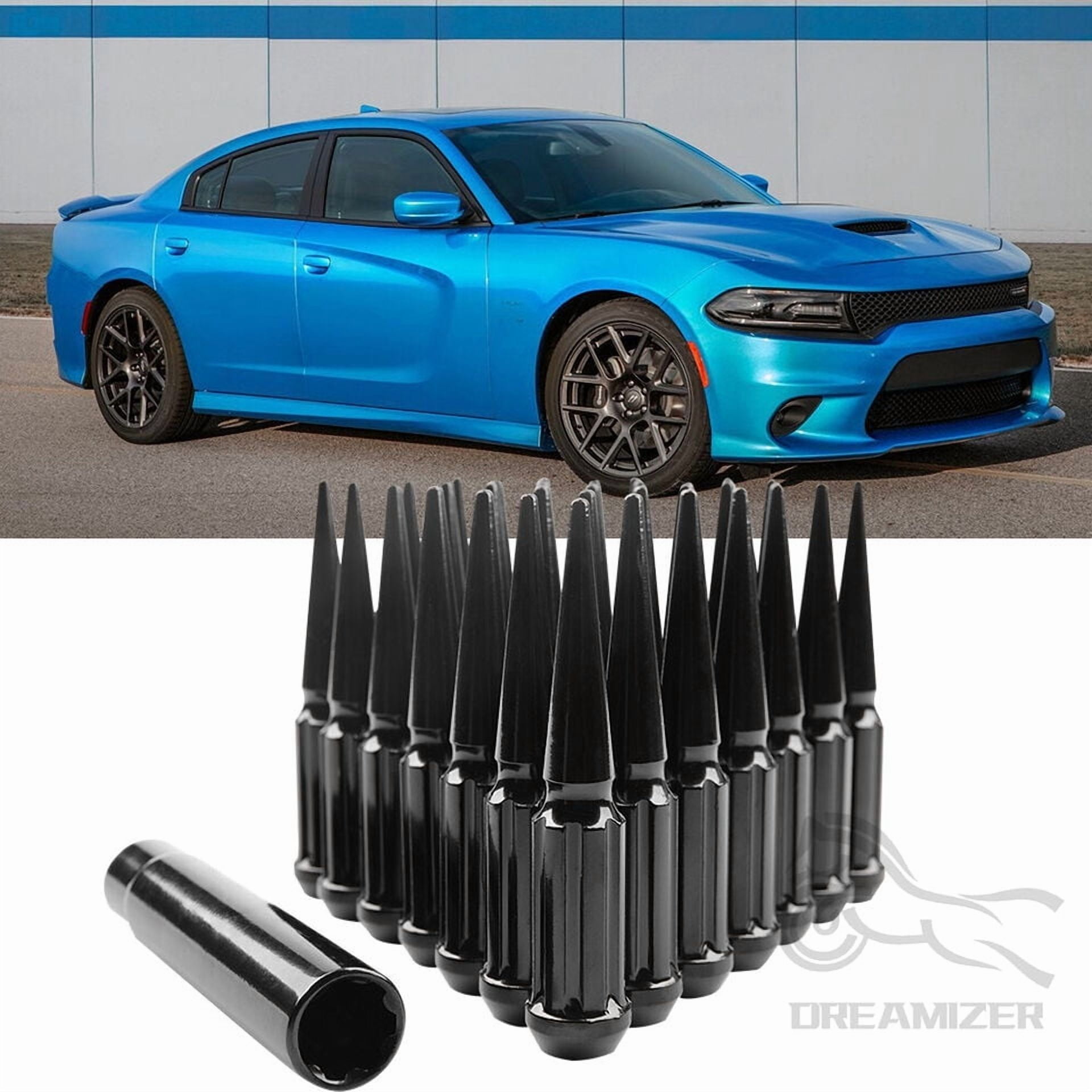 M14x1.5 Spike Lug Nuts for Chevy Silverado 1500, 24PCS Black 14x1.5 Wheel Lug Nuts for Ford F150 GMC Sierra 1500, 14mm x 1.5 Bulge Acorn Lug Nut with 1 Socket Key for Aftermarket Wheel