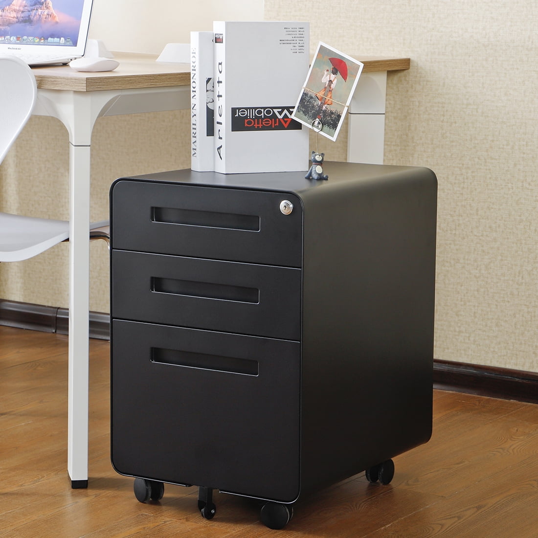 3 Drawer Mobile File Cabinet with Lock,Rolling File Cabinets,Under Desk Small File Caninet on wheels,Metal Vertical Filing Cabnet for Legal/Letter/A4,Fully Assembled