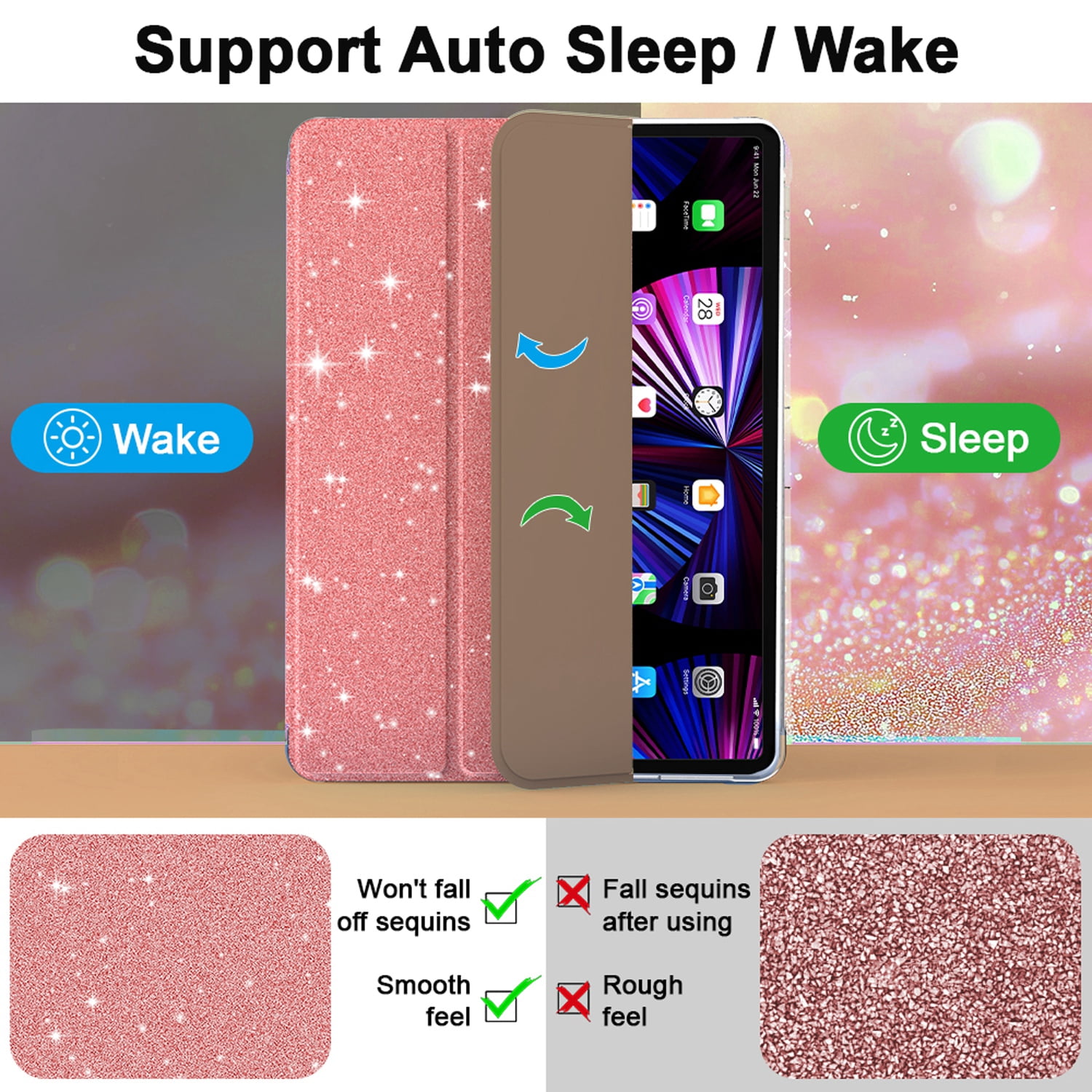 Decase Compatible with Apple iPad 10.2 inch 2021/2020/2019,Sparkle Cute Case,Glitter Cover with Sparkly Clear Back,Pencil Holder, Fits for iPad 7th/8th/9th Gen Case 10.2 inch for Kids Girls,Rosegold