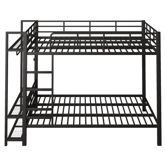 Euroco Metal Queen over Queen Bunk Bed wih Storage Shelves, Clothes Hanger and LED Light for Kids Teens Room, Black
