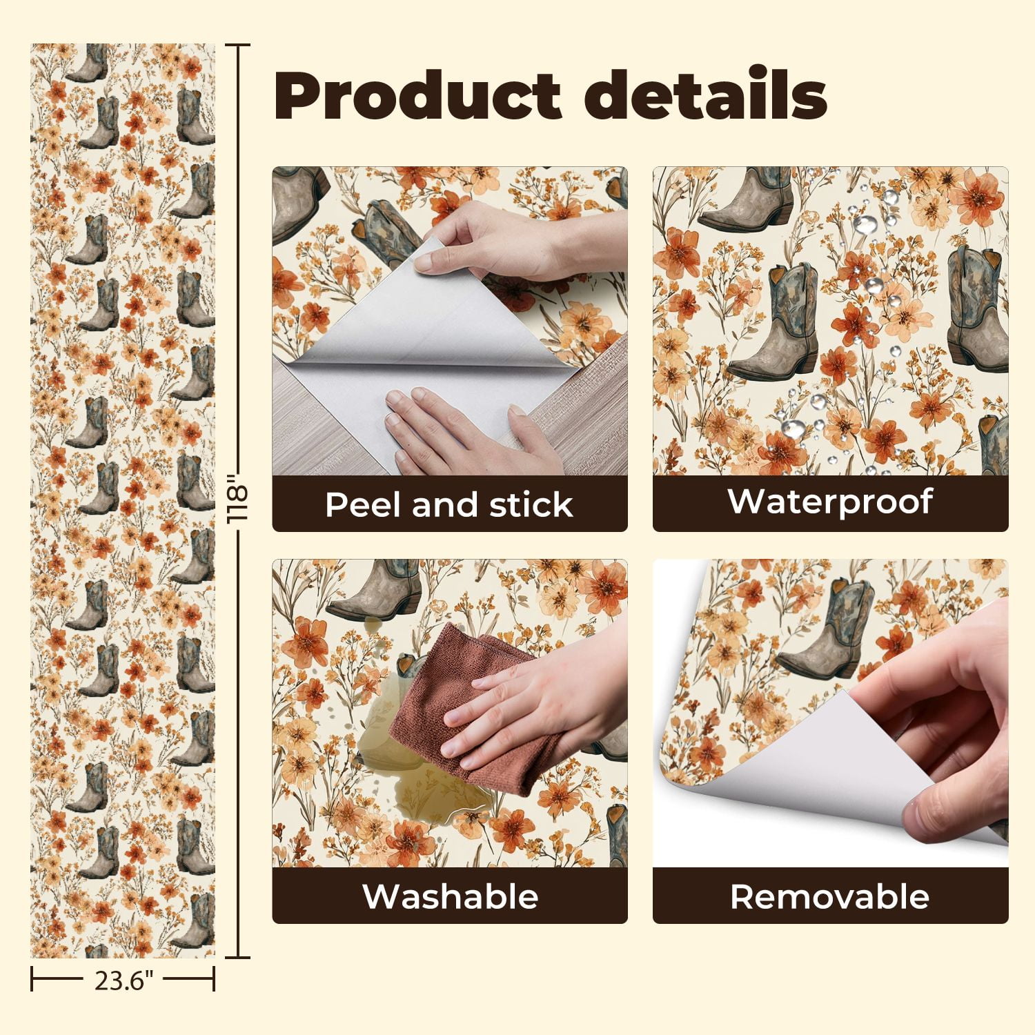 Western Peel and Stick Wallpaper Cowboy Boots Floral Bouquet Warm Earth Tones Wall Mural 23.6in x 9.8ft Self Adhesive Removable Wall Paper Renter Friendly Wallpaper for Nursery Bedroom Cabinets