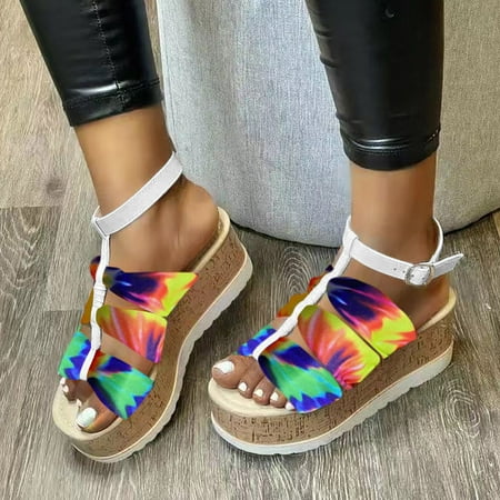 

HIBRO Summer Womens Ladies Wedge Platform Sandals Casual Tie-dyed Buckle Strap Shoes