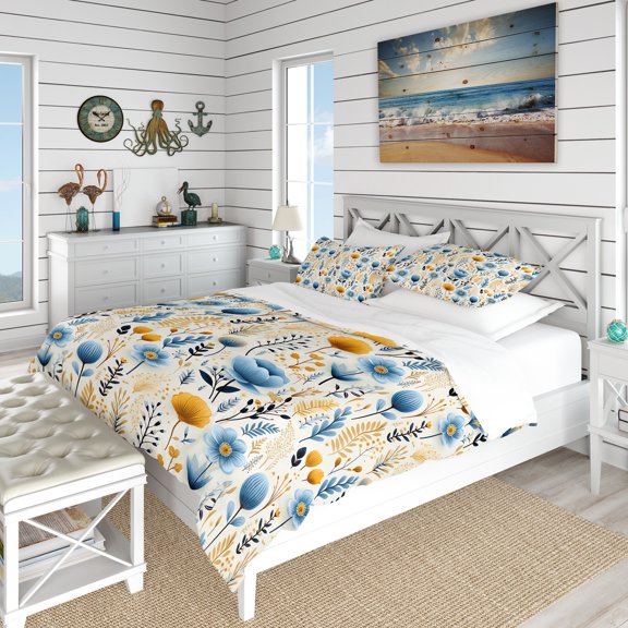 Designart "Farmhouse Pattern In Blue And Yellow" Botanical Bedding Covert Set - Bohemian & Eclectic Bed Set With 2 Shams