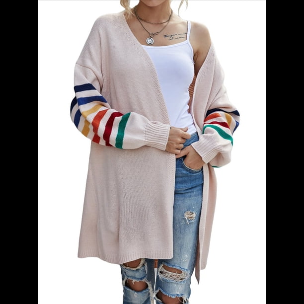 Cárdigan Abierto para Mujer, Suéter de Punto Holgado con Bloques de Color y Rayas, Abrigo Exterior. Rosa XL