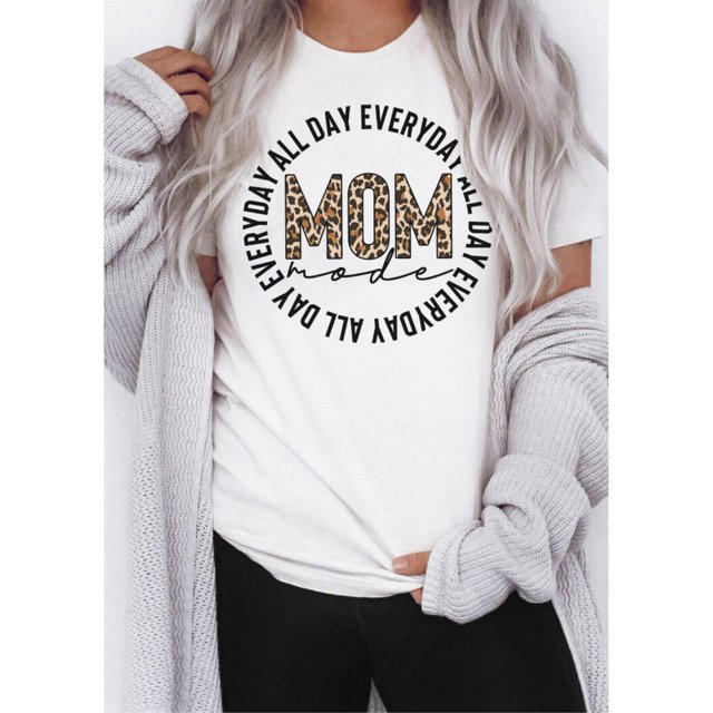 Women'S Casual Crew Neck T-Shirt with Leopard Print "MOM" Lettering, Polyester 100% Knit Fabric, Medium Stretch, Fashionable Short Sleeve Top for Spring/Summer/Fall - 180g/m²