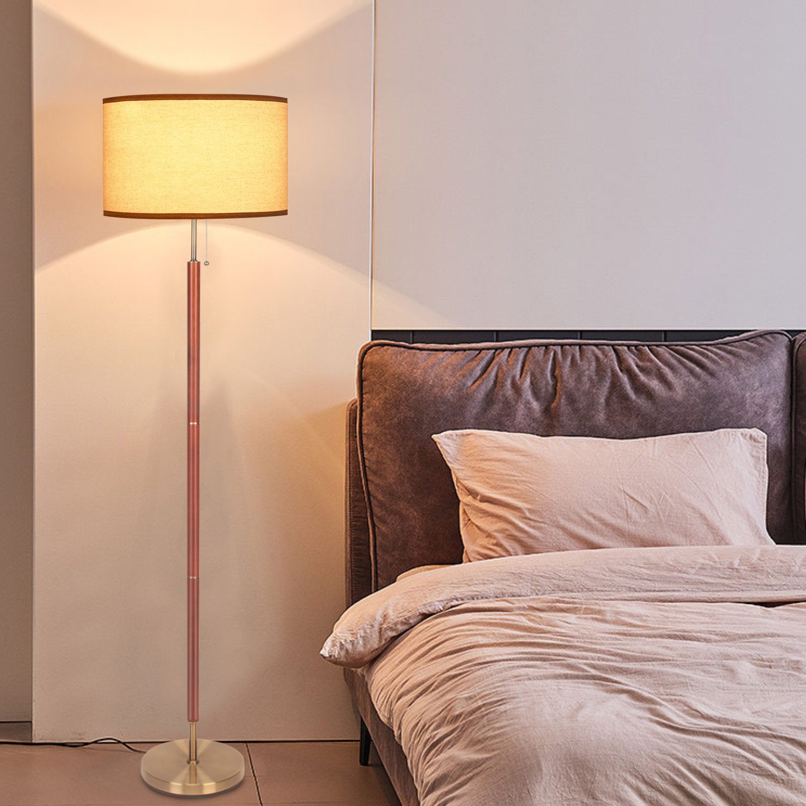 HonoDing Modern 64"Floor Lamp Wood with Beige Linen Shade