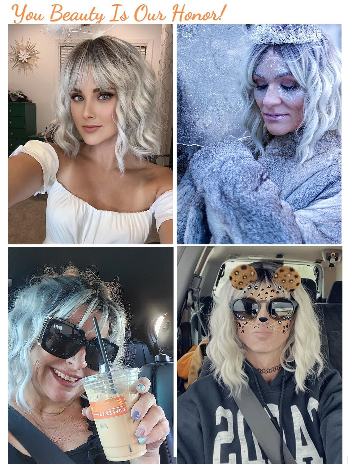 DOPI Short White Silver Wigs for Women Ombre Grey Wavy Bob Wig with Bangs Medium Length Synthetic Hair Water Wave Dark Roots Wig Gray Colorful Wigs（12 Inches）