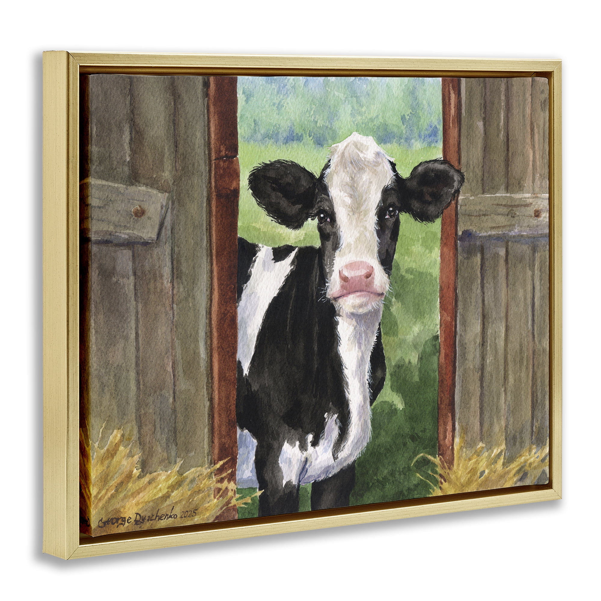 Stupell Industries Cow in Wooden Gate Gold Framed Floater Canvas Wall Art, design by George Dyachenko